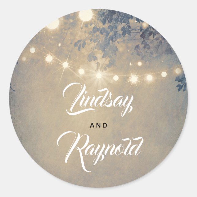 String Lights Rustic Country Wedding Classic Round Sticker (Front)