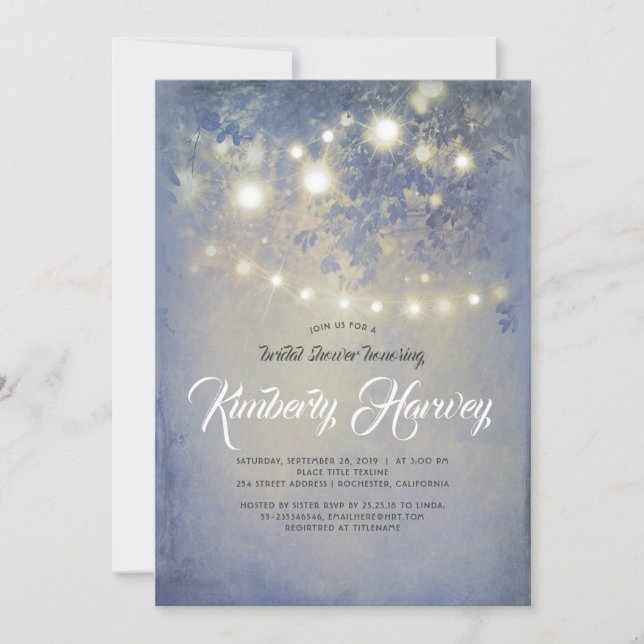 String Lights Rustic Dusty Blue Bridal Shower Invitation (Front)