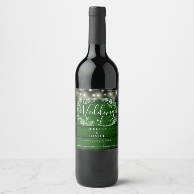 String Lights Rustic Emerald Green Wedding Wine Label (Front)