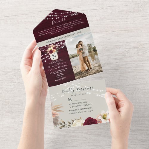 String Lights Rustic Floral Burgundy Wedding All In One Invitation