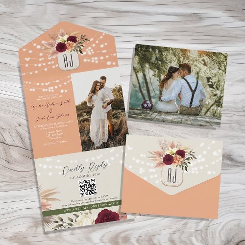 String Lights Rustic Floral Wedding QR Code All In One Invitation
