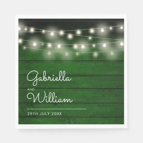 String Lights Rustic Green Wood Elegant Script Napkins