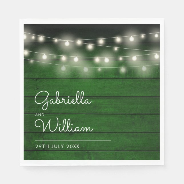 String Lights Rustic Green Wood Elegant Script Napkins (Front)