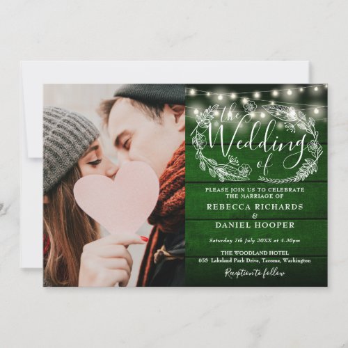 String Lights Rustic Green Wood Photo Wedding Invitation