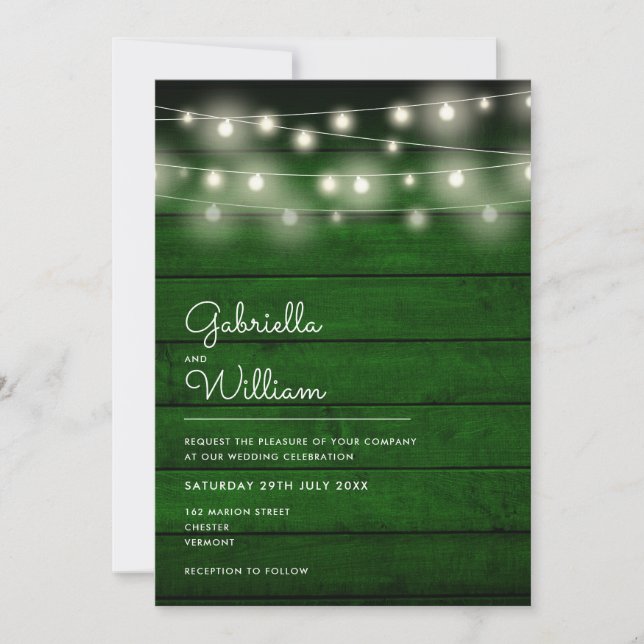 String Lights Rustic Green Wood Wedding Invitation (Front)
