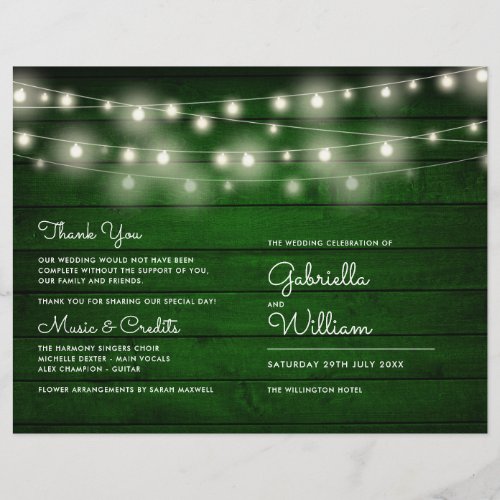 String Lights Rustic Green Wood Wedding Program