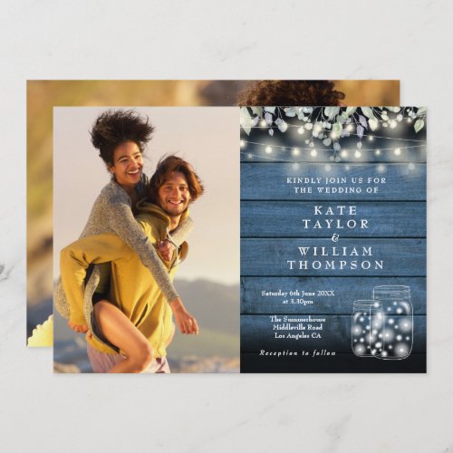 String Lights Rustic Jars Greenery 2 Photo Wedding Invitation