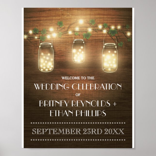 String Lights Rustic Mason Jar Wedding Welcome Poster (Front)