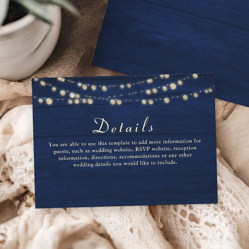 String Lights Rustic Navy Blue Wedding Details Enclosure Card