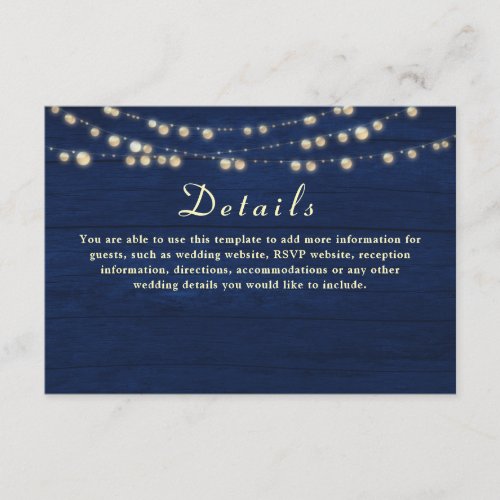 String Lights Rustic Navy Blue Wedding Details Enclosure Card