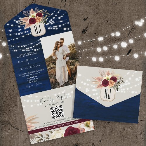 String Lights Rustic Navy Blue Wedding QR Code All In One Invitation