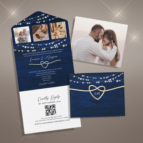 String Lights Rustic Navy Blue Wedding QR Code All In One Invitation