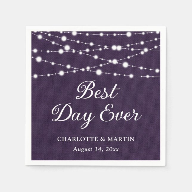 String Lights Rustic Purple Burlap Wedding Napkins (Front)