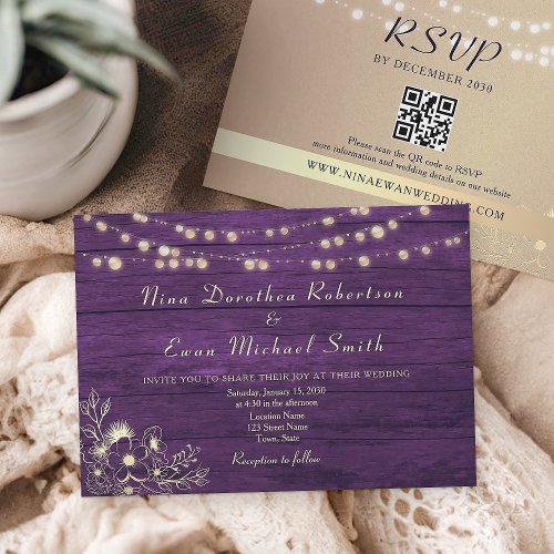 String Lights Rustic Purple Wedding All in One Invitation