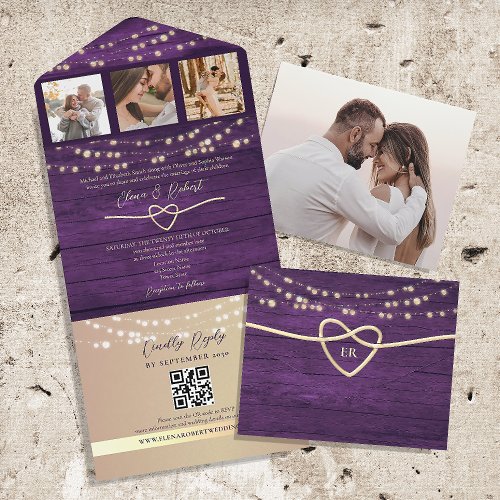 String Lights Rustic Purple Wedding QR Code All In One Invitation