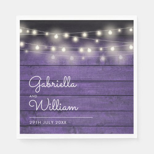 String Lights Rustic Purple Wood Elegant Script Napkins