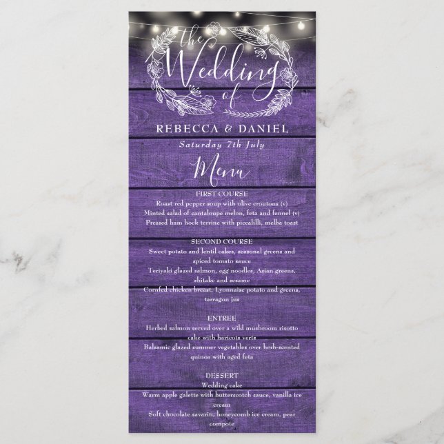 String Lights Rustic Purple Wood Floral Wedding Menu (Front)