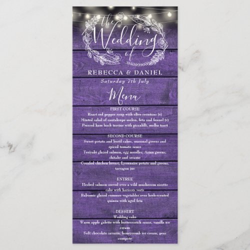 String Lights Rustic Purple Wood Floral Wedding Menu