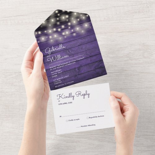 String Lights Rustic Purple Wood Monogram Wedding All In One Invitation