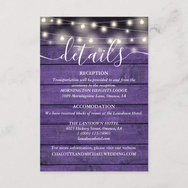 String Lights Rustic Purple Wood Wedding Details Enclosure Card (Front)
