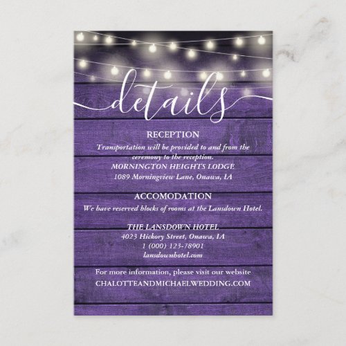 String Lights Rustic Purple Wood Wedding Details Enclosure Card