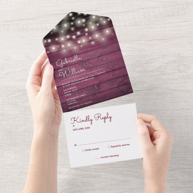 String Lights Rustic Red Wood Monogram Wedding All In One Invitation (Tearaway)