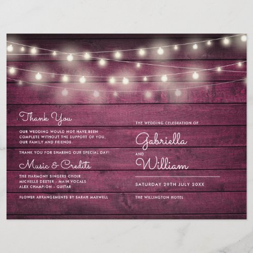 String Lights Rustic Red Wood Wedding Program