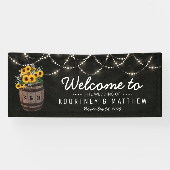 String Lights Rustic Sunflower Wedding Banner (Horizontal)