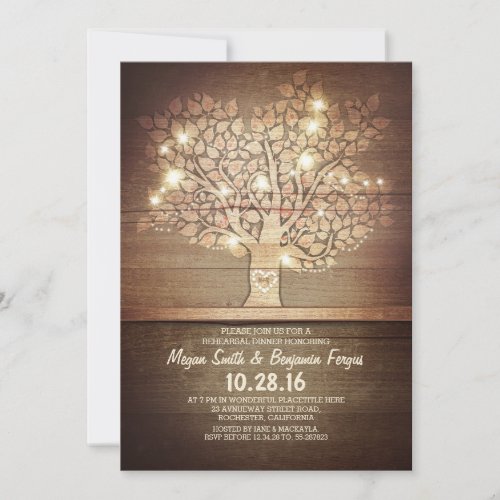 String lights  rustic tree rehearsal dinner invitation