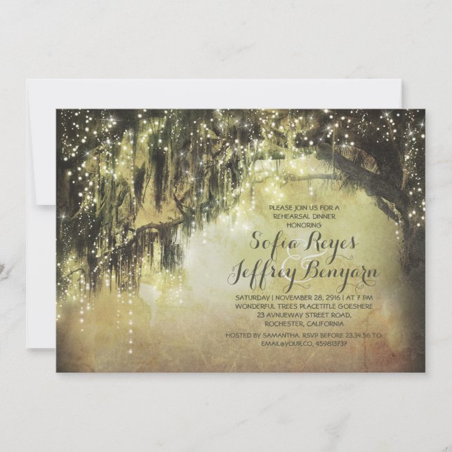 string lights rustic tree vintage rehearsal dinner invitation (Front)