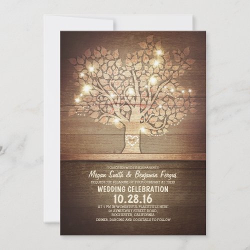 String lights &amp; rustic tree wedding invitations