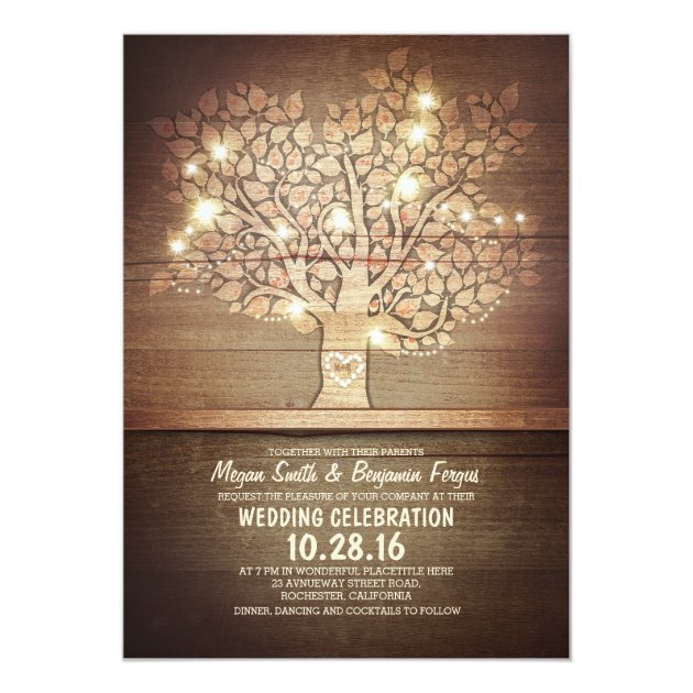 String Lights & Rustic Tree Wedding Invitations