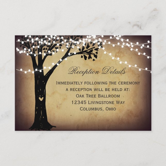 String Lights Rustic Tree Wedding Reception Card (Front)