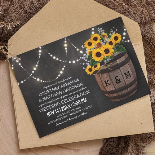 String Lights Rustic Vineyard Sunflower Wedding Invitation