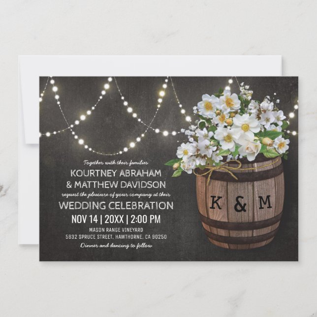 String Lights Rustic Vineyard White Floral Wedding Invitation (Front)
