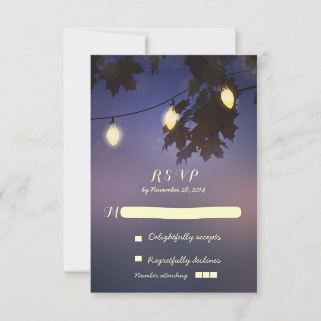 String lights rustic wedding RSVP cards (Front)