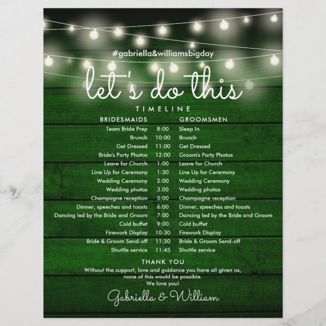 String Lights Rustic Wedding Schedule Timeline (Front)