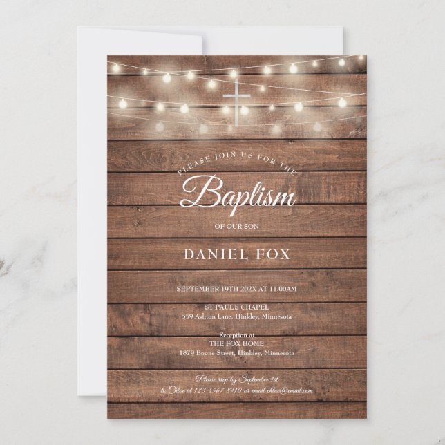 String Lights Rustic Wood Baptism Christening Invitation (Front)