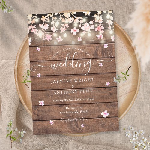 String Lights Rustic Wood Blossom Floral Wedding Invitation