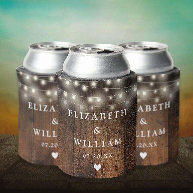 String Lights Rustic Wood Boho Barn Wedding Can Cooler (String Lights Rustic Wood Boho Barn Wedding Can Cooler)