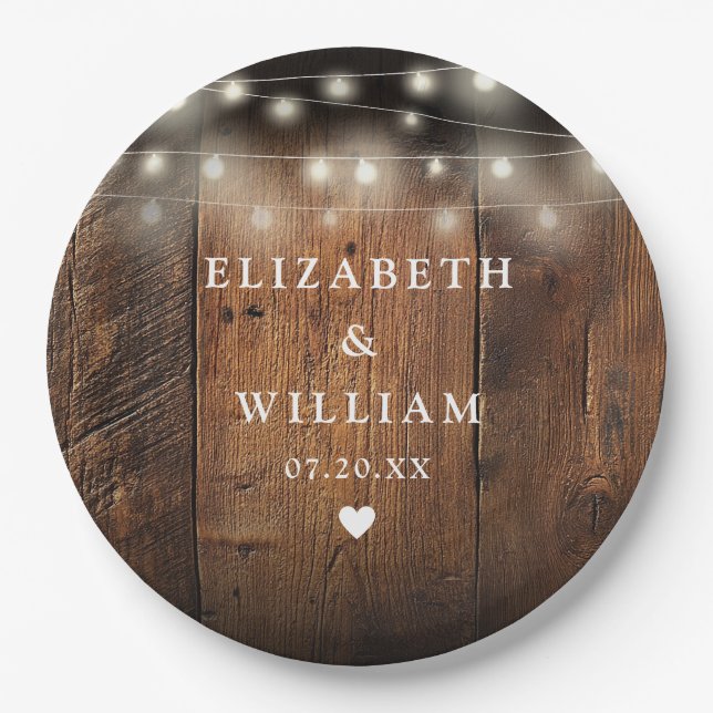 String Lights Rustic Wood Boho Barn Wedding Paper Plates (Front)