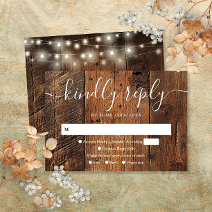 String Lights Rustic Wood Boho Western Wedding RSVP Card
