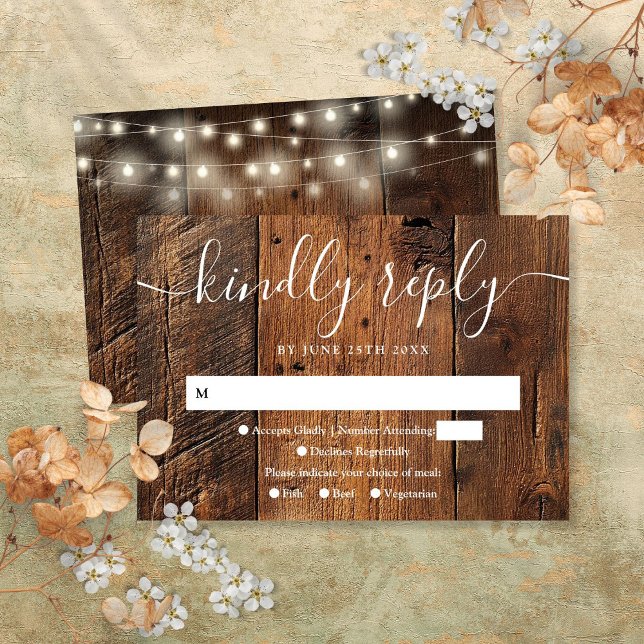 String Lights Rustic Wood Boho Western Wedding RSVP Card (String Lights Rustic Wood Boho Western Wedding RSVP Card)