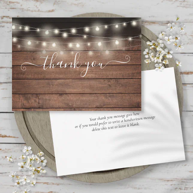 String Lights Rustic Wood Elegant Script Thank You Card | Zazzle