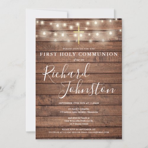 String Lights Rustic Wood First Holy Communion Invitation