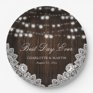 String Lights Rustic Wood Floral Lace Wedding Paper Plates