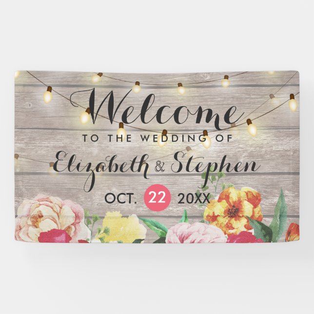 String Lights Rustic Wood Floral Wedding Banner (Horizontal)