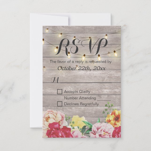 String Lights Rustic Wood Floral Wedding RSVP Card (Front)