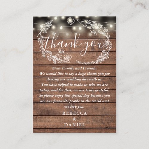 String Lights Rustic Wood Floral Wedding Thank You Place Card