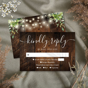 String Lights Rustic Wood Greenery Boho Wedding RSVP Card